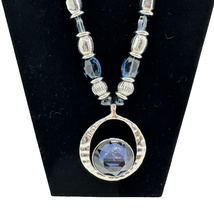 C 1946 Signed VTG Statement Necklace Silver Tone Chain Bead Cobalt Blue Pendent - $23.17