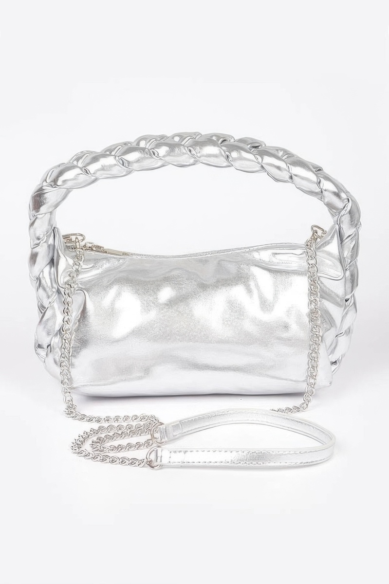 Metallic Leather Braided Handle Clutch (Silver) - $29.99