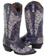 Womens Western Boots Cowboy Dress Purple Leather Floral Embroidered Rhin... - £97.88 GBP