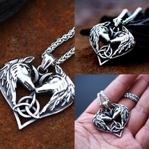Men&#39;s Viking Silver Wolves Trinity Knot Pendant Celtic Necklace Stainless Steel - £8.56 GBP