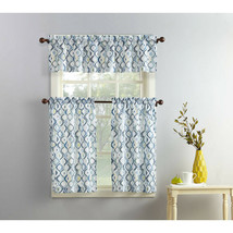 Trellis Geometric 3 Piece Curtains Valance & Tiers Set, Blue/Grey Tones, Modern - $15.73