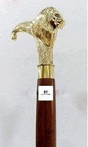 Brass Walking Stick Solid Vintage Designer Lion Head Wooden Cane Antique Style  - £71.14 GBP