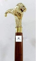 Brass Walking Stick Solid Vintage Designer Lion Head Wooden Cane Antique... - £71.05 GBP