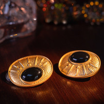 Medieval Vintage Light Luxury Oval Inlaid Rhinestone Black Turquoise Earrings - £46.53 GBP