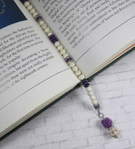 Skull Rose Beaded Thong Bookmark Howlite Rhinestone Handmade White Purpl... - £12.10 GBP