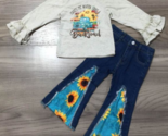 NEW Boutique Girls Sunflower Long Sleeve Shirt &amp; Bell Bottoms Jeans Outf... - $11.69+