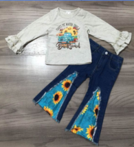 NEW Boutique Girls Sunflower Long Sleeve Shirt &amp; Bell Bottoms Jeans Outfit Set - £9.23 GBP+