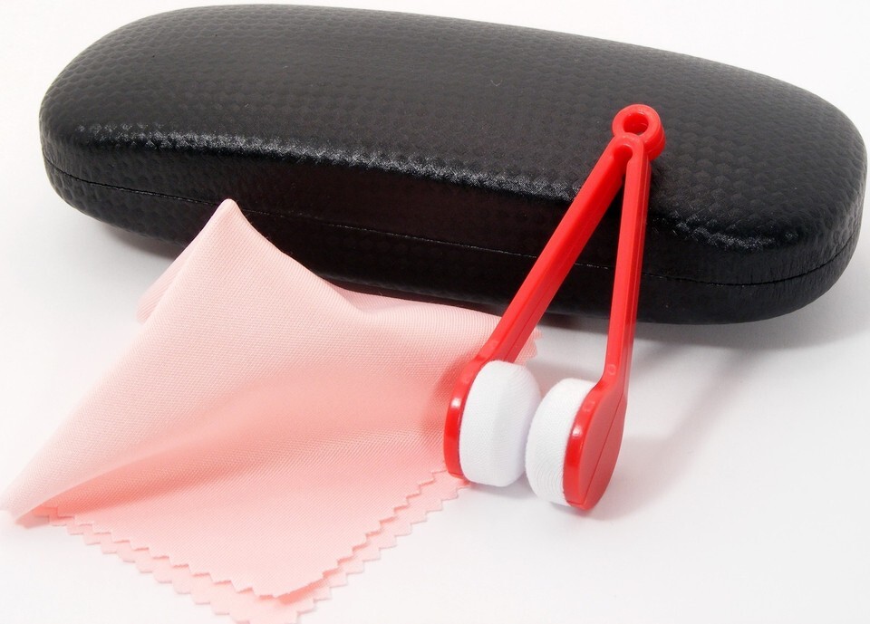 Hard Clam Shell Eyeglasses Glasses Black Case w/ Red Cleaning Cloth &amp; Brush - $7.92