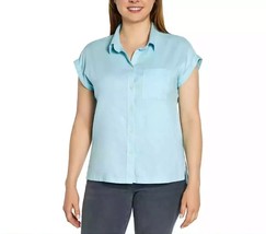 Orvis Women&#39;s Plus Size 2X Blue Linen Blend Button Short Sleeve Top NWT - $11.69