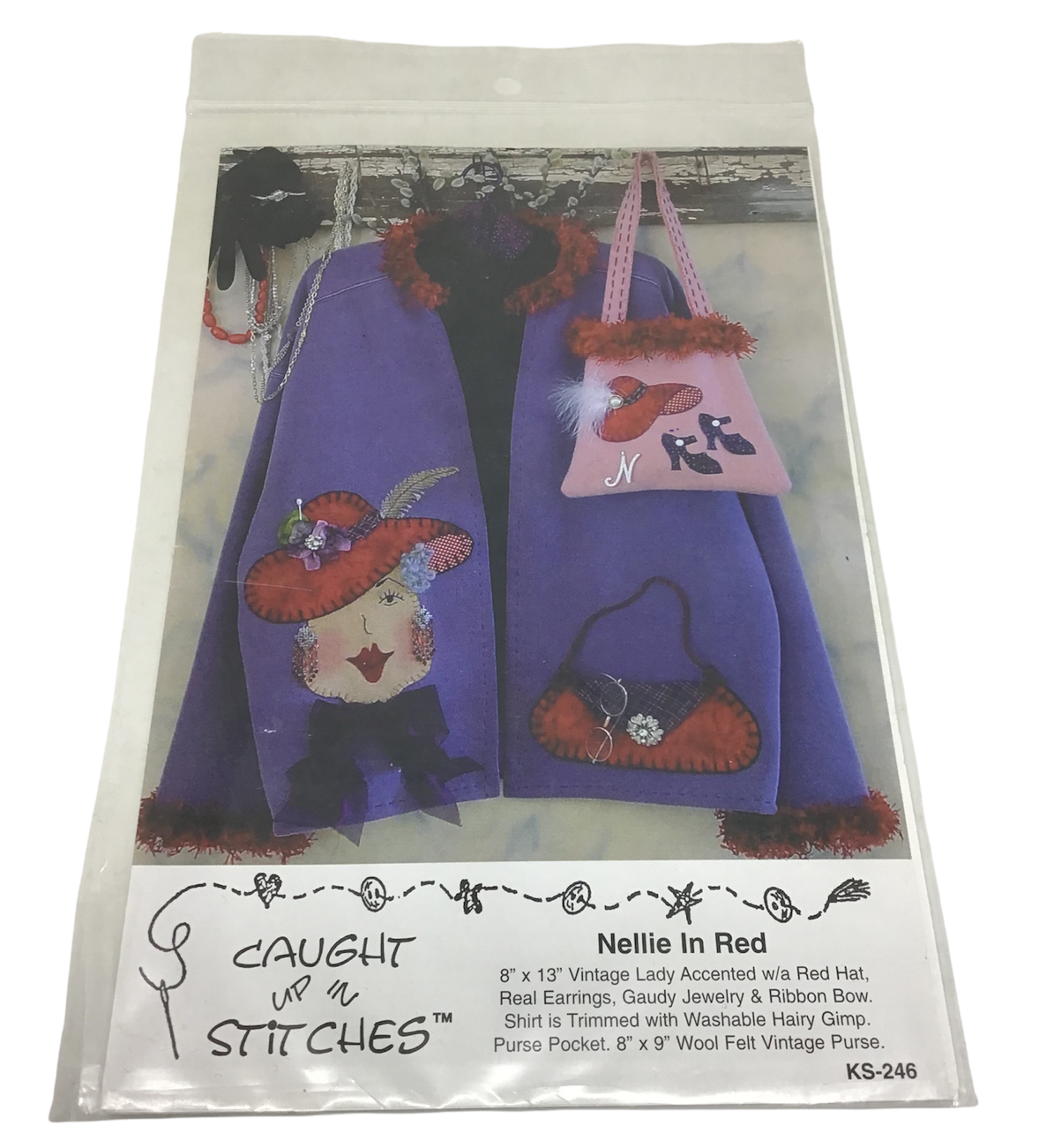 Red Hat Ladies Nellie Wool Felt Purse Purple Shirt Caught up Stitches KS... - $8.42