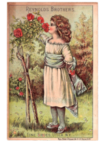 Victorian Trade Card 1880s Reynolds Brothers Shoes Lady Smelling Roses Utica, NY - £17.68 GBP