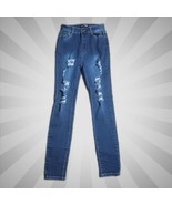 Fashion Nova Distressed Denim Jeans ~ Sz 7/8 ~ High Rise ~ Blue ~ 30&quot; In... - £17.69 GBP