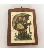 Vintage Hummel print wood mounted plaque boy and girl with umbrella cott... - $27.08 CAD