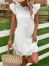 Eyelet Round Neck Ruffled Cap Sleeve Dress - $40.95