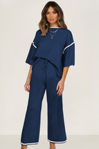 Navy Blue Contrast Trim Half Sleeve Top Drawstring Pants Loose 2pcs Swea... - $815.83 MXN
