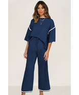Navy Blue Contrast Trim Half Sleeve Top Drawstring Pants Loose 2pcs Swea... - $795.87 MXN