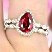 2.90Ct Pear cut Simulated Ruby &amp; Diamond Engagement Ring Band Sterling Silver - £94.25 GBP