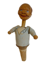 ANRI Mechanical Bottle Stopper Push Head Arms Move Wood Hand Carved Puppet Bar - £59.55 GBP