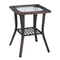 Outdoor Wicker Side Table, Rattan End Table with Glass Top, Patio Coffee Bistro  - £105.59 GBP