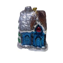VTG Ceramic Christmas Tree Village House Metallic Glaze Green Blue Ornament - $12.94