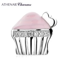 Heartbeat Charm 925 Sterling Silver Pink Enamel Cupcake Charms Beads for Women B - £35.19 GBP