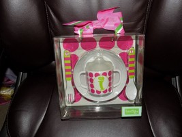 MudPie Initial &quot;I&quot; Feeding Set Pink  &amp; Green 5-Pc Sippy Cup Bowl Spoon Fork NEW - £16.07 GBP