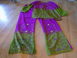 Size Medium India Asian Ethnic Outfit Pants Top Magenta Pink Purple Green Sequin - £27.97 GBP