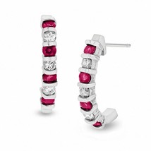 0.80CT Simulated Ruby &amp; Diamond J-Hoop Women Stud Earrings 14K White Gold Plated - £36.67 GBP