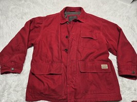 Abercrombie &amp; Fitch Canvas Mens Coat Red XL Fleece Lined Button Pockets Distress - £23.48 GBP