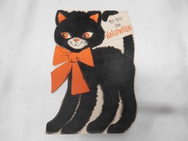 Old Vtg 1958 Halloween Black Cat Flocked Greeting Card Hallmark - £39.51 GBP