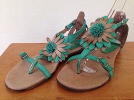 Veronica Italy Green Teal Leather Floral Flowers Strappy Flat Sandals 6.... - £23.58 GBP