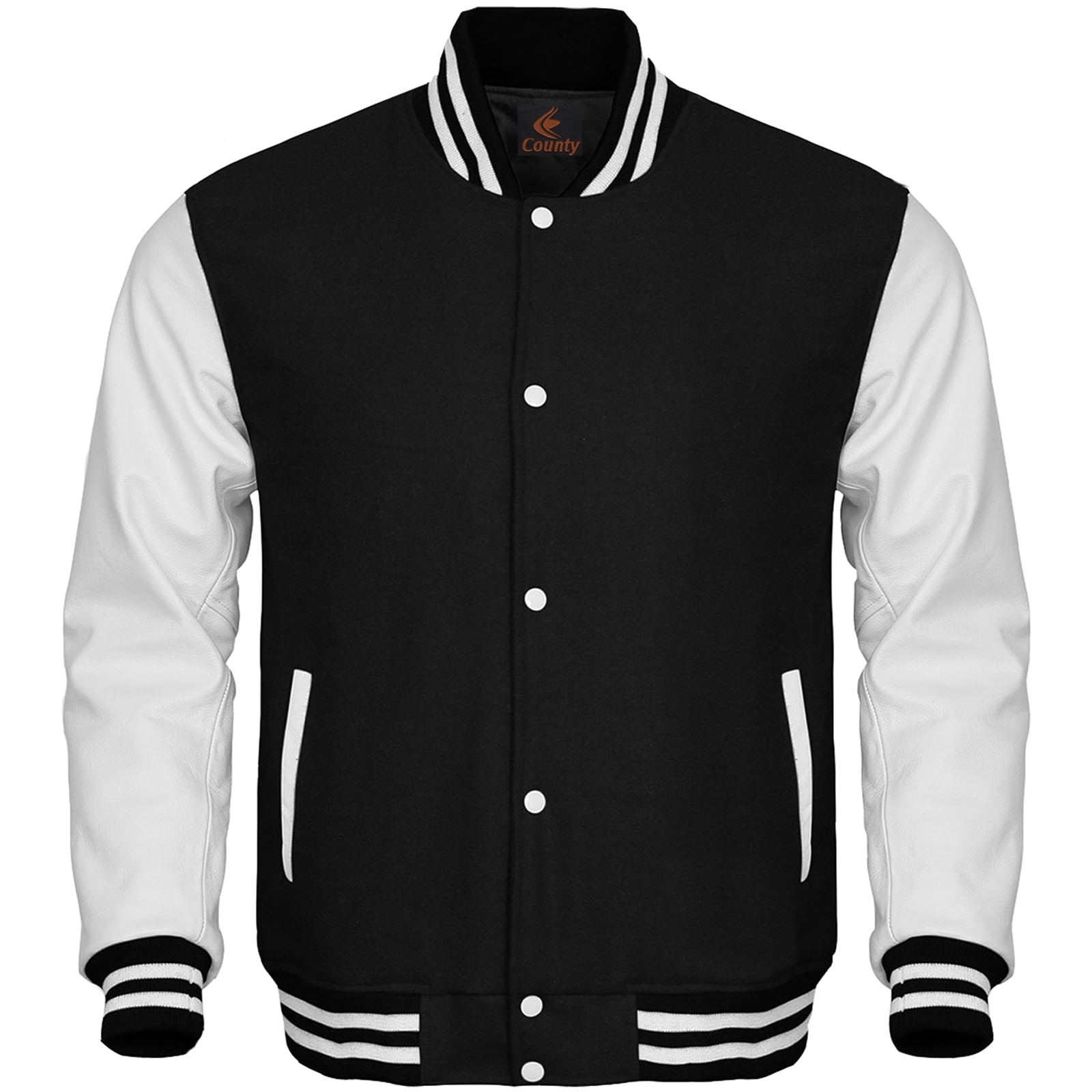 New Bomber Varsity Letterman Baseball Jacket Black Body & White Leather Sleeves