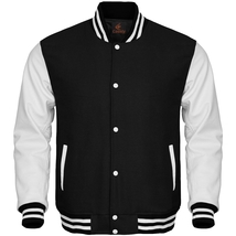 New Bomber Varsity Letterman Baseball Jacket Black Body &amp; White Leather ... - £75.50 GBP