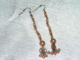 Estate Long Bronze &amp; Orange Pearly &amp; Translucent Bead Dangle Earrings for Pierce - £6.86 GBP