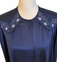Vanity Fair Vintage Robe Long Sleeve Silky Satin Lace Button Front Navy Blue M - £19.88 GBP