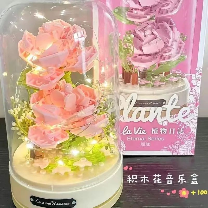 Creative DIY Rose Immortal Flower Bouquet Music Box Model Building Blocks Orchid - £18.77 GBP