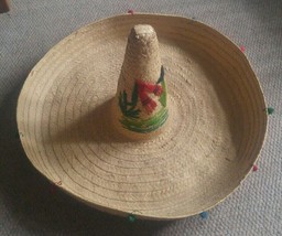 Large Vintage Sombrero Adult Straw Mexican Hat Woven Yarn Design - £39.53 GBP