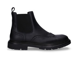 Mens chelsea boots black vegan leather brogue wing tip ankle elastic pul... - $150.69
