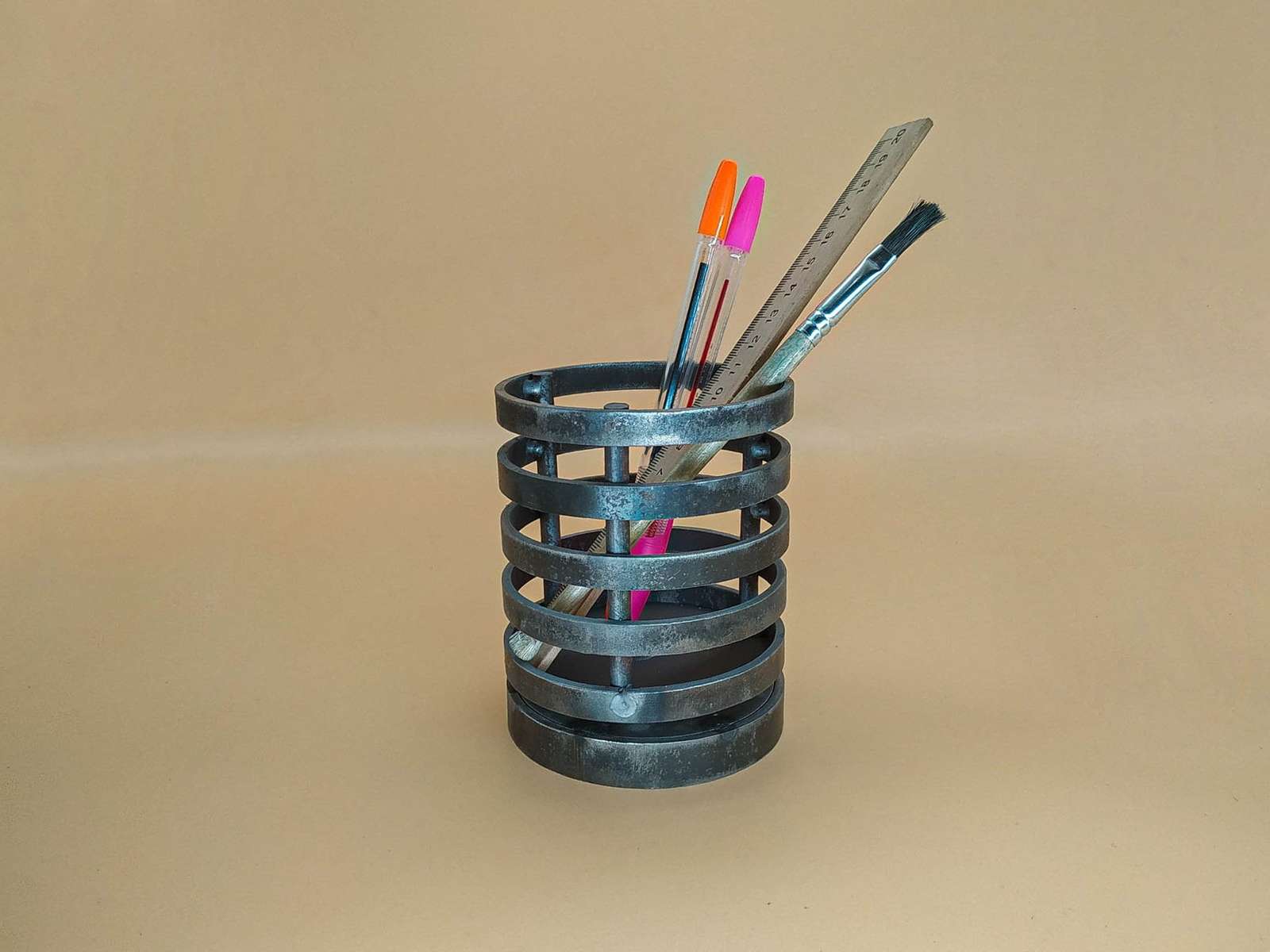Handcrafted metal pen organizer for  office. Rotates on bearings for a s... - $37.50