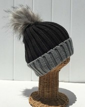 Winter Two-Tone Rib Knitted Ski Beanie Hat Charcoal gray with FAUX FUR POM  #D - £10.46 GBP
