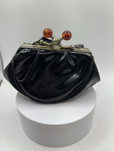 Vintage Little Girls Black Faux Leather Brown Kiss Lock Handbag Pouch Bag See - £51.97 GBP