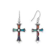 Marquise Cut Multi Color Stone Religious Cross 925 Sterling Silver Hook Earring - £123.38 GBP