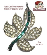 Vintage Pin Leaf Pave Diamonte 1930&#39;s Brooch w/ Baguette Green Stones - £31.56 GBP