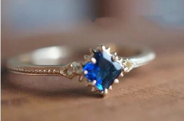 Natural 6 Ct Cushion Cut Blue Sapphire 14K white Gold Ring for woman - $1,849.09