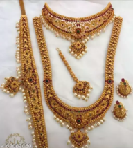 South Indian Pearl Gold Kamarbandh Bollywood Bridal Necklace Jewelry Earring Set - £28.46 GBP