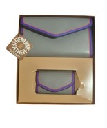 Genuine Leather Wallet Set Clutch &amp; Key Holder Wallet Gray/Blue/Red Trim - $450.65 MXN