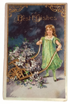 Best Wishes Girl in Green Dress w/ Purple Flowers Gold Embossed Postcard c1910s - £6.25 GBP