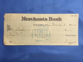 1922 Merchants Bank Daytona Florida FL FLA Obsolete Check Cashed - £15.62 GBP