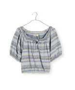 Madewell Jacquard Keyhole Puff Sleeve Crop Top Stripe Tranquil Ocean Siz... - $47.39 CAD