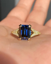 2Ct Emerald Cut Simulated Blue Tanzanite Engagement Ring 14K Yellow Gold Plated - £45.28 GBP